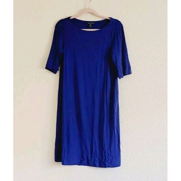 Eileen Fisher Stretch Jersey Knit Short Sleeve Dress Knee Length Blue Size XS - Picture 5 of 5